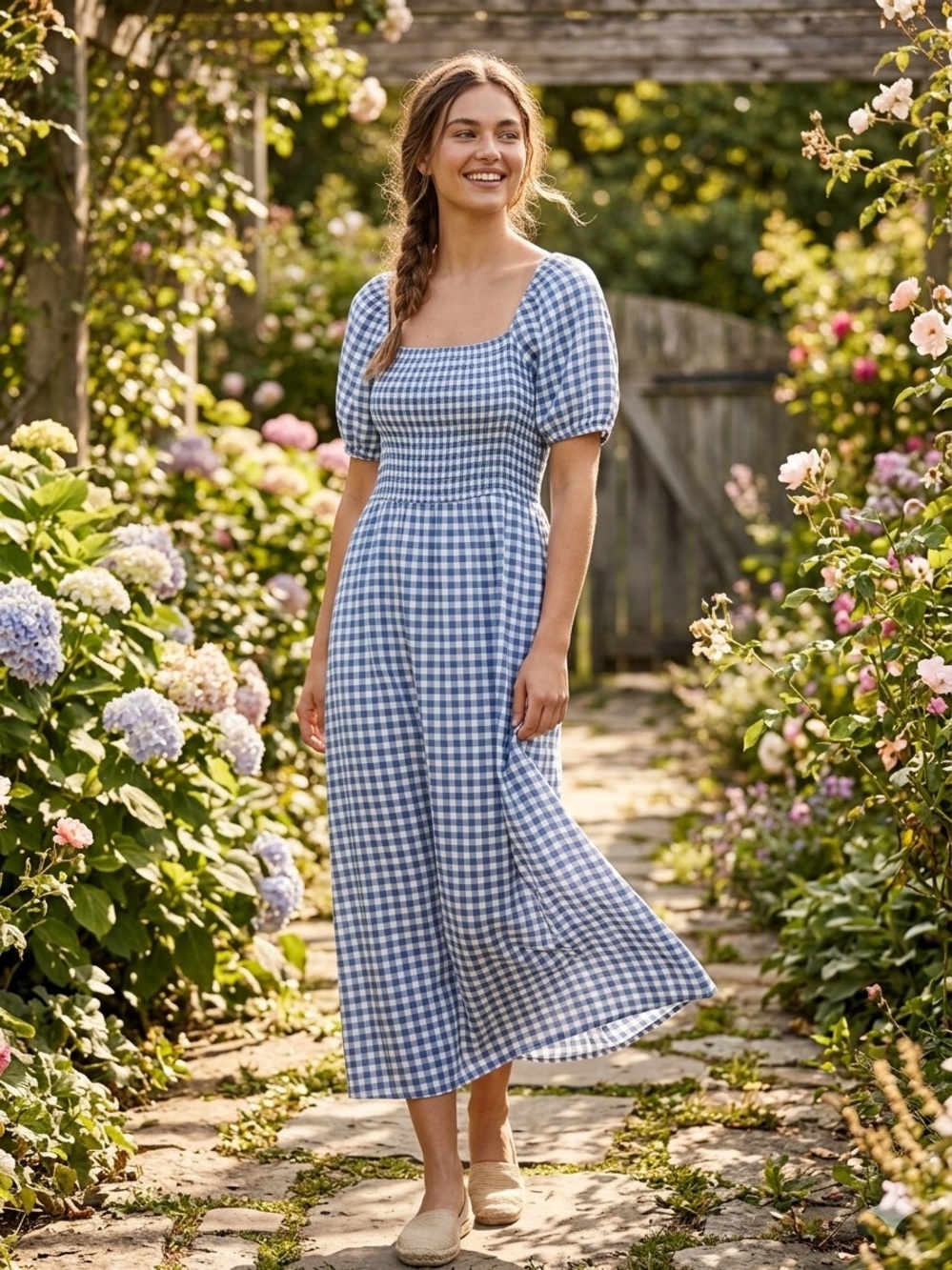 NWOT dip Women’s Blue Gingham Square-Neck Smocked Midi Dress XL